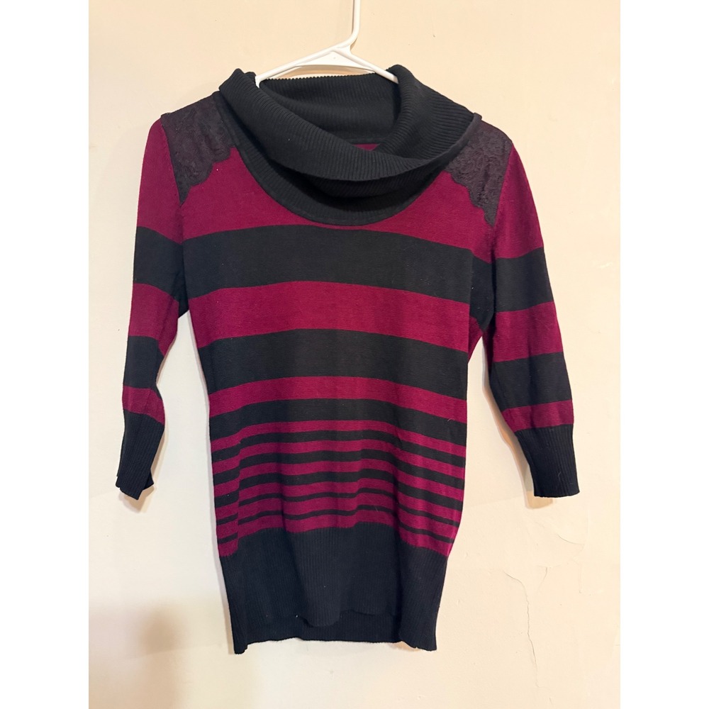 Y2K Poofys Striped Cowl Neck Lace Shoulder Sweater Top Women's Small